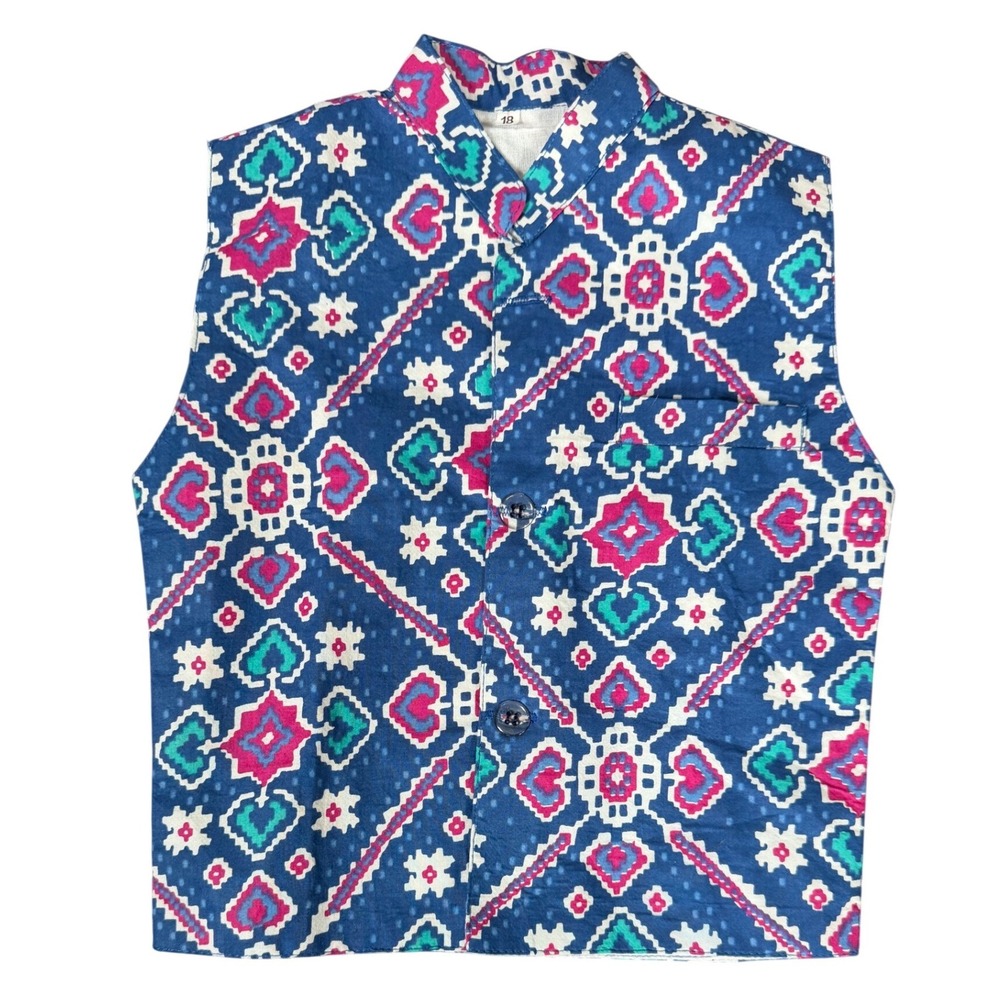 Boys Blue Geometric Print Nehru Vest Indian‎ Traditional Ethnic Jacket Size 18